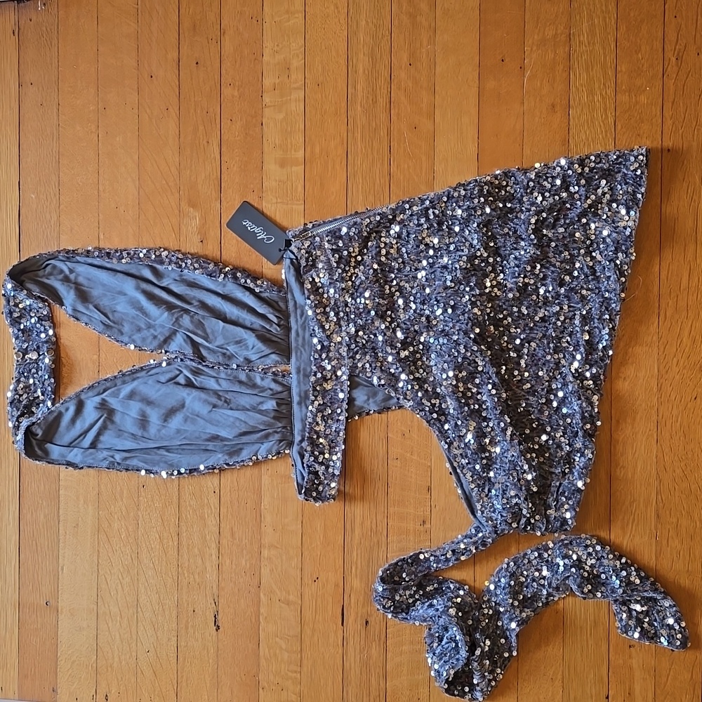 NWT, Alglist, Sequin, Cut-Out, Halter, Mini Dress, Silver, Women's S - Picture 6 of 16